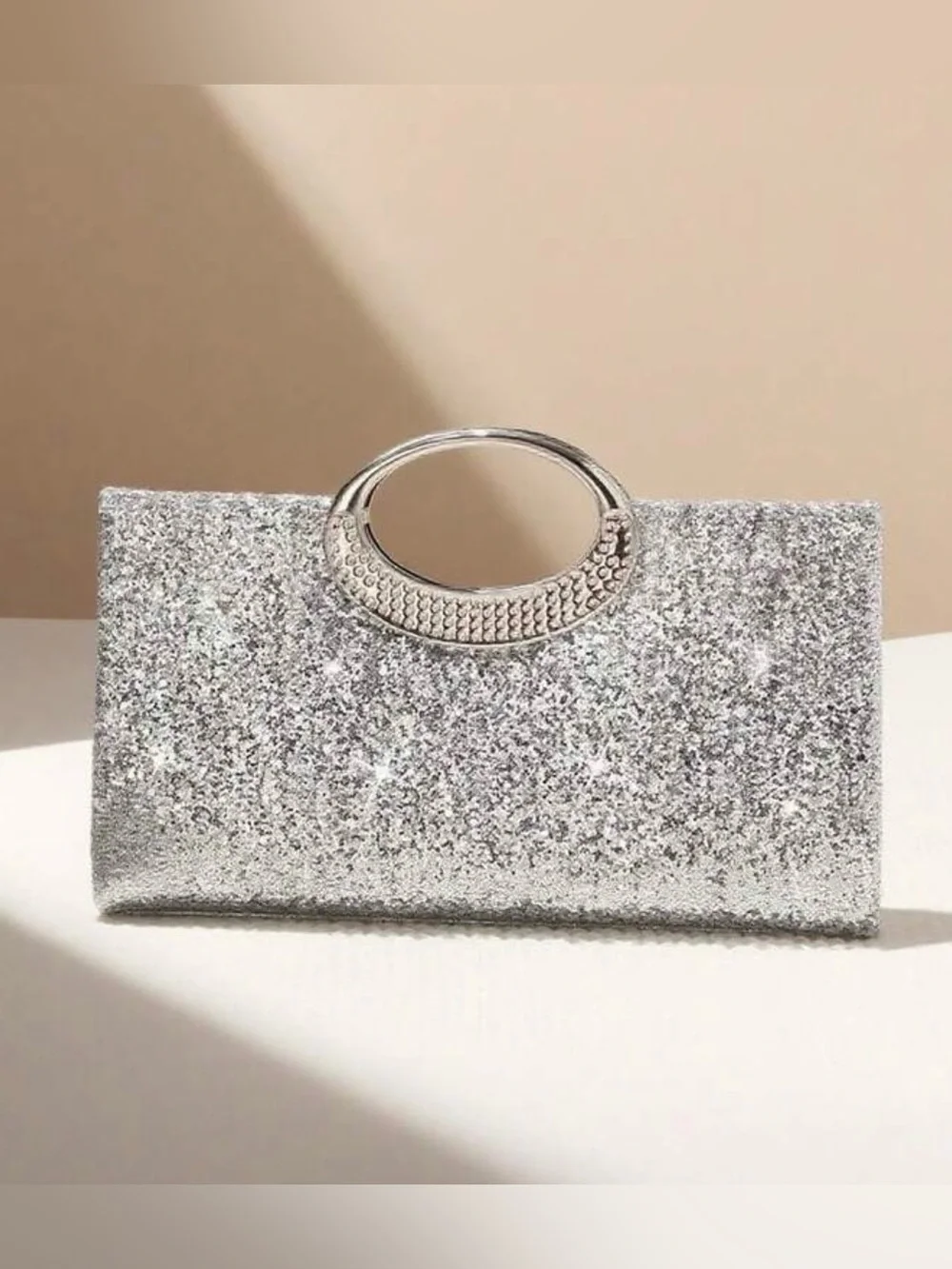 Silver Glitter Evening Clutch with Decorative Handle